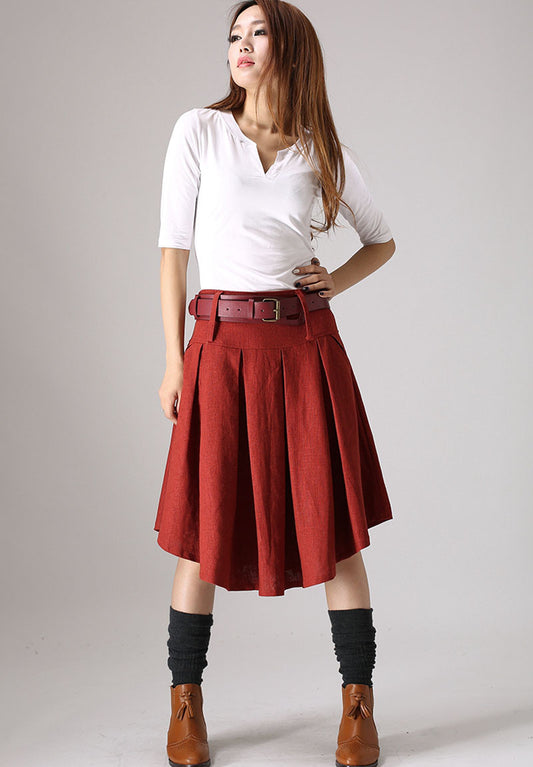 Red Linen Cotton Pleated Skirt with Irregular Hem and Pockets | Xiaolizi 0852