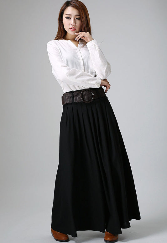 Handmade Black Maxi Skirt – Pleated A-Line Skirt with Pockets | Xiaolizi 0904
