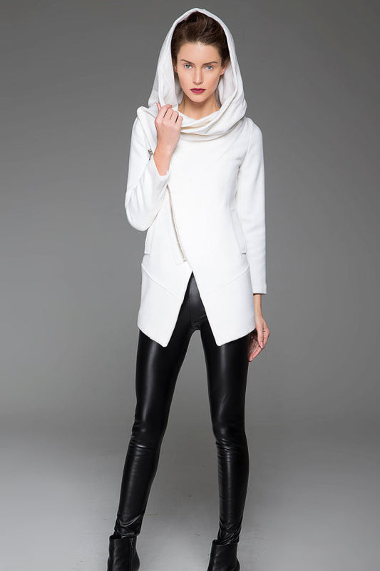 Women's White Wool Blend Coat – Asymmetrical Zip, Oversized Hood, Minimalist Winter Style 1421