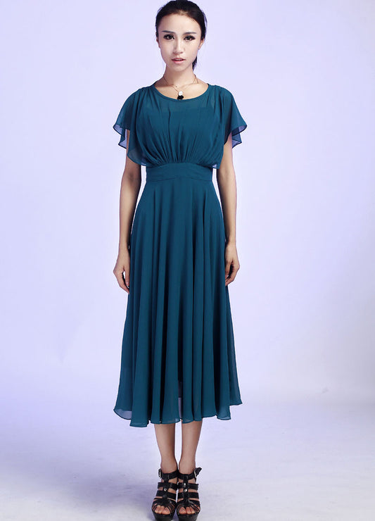 Blue chiffon dress woman Prom dress Custom made maxi dress 613#