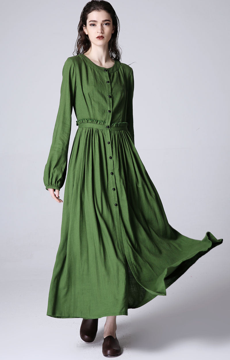 Forest Green Linen Maxi Dress Long Sleeve Formal Gown | Xiaolizi Forest Green Linen Maxi Dress Long Sleeve Formal Gown | Xiaolizi