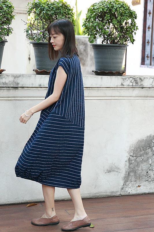Navy Cotton Dress - Casual Short Sleeve with Thin Stripes CYM313