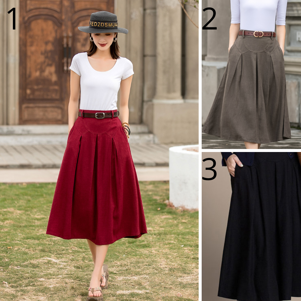 Women's Brown Linen Midi Skirt with Pocket 278101