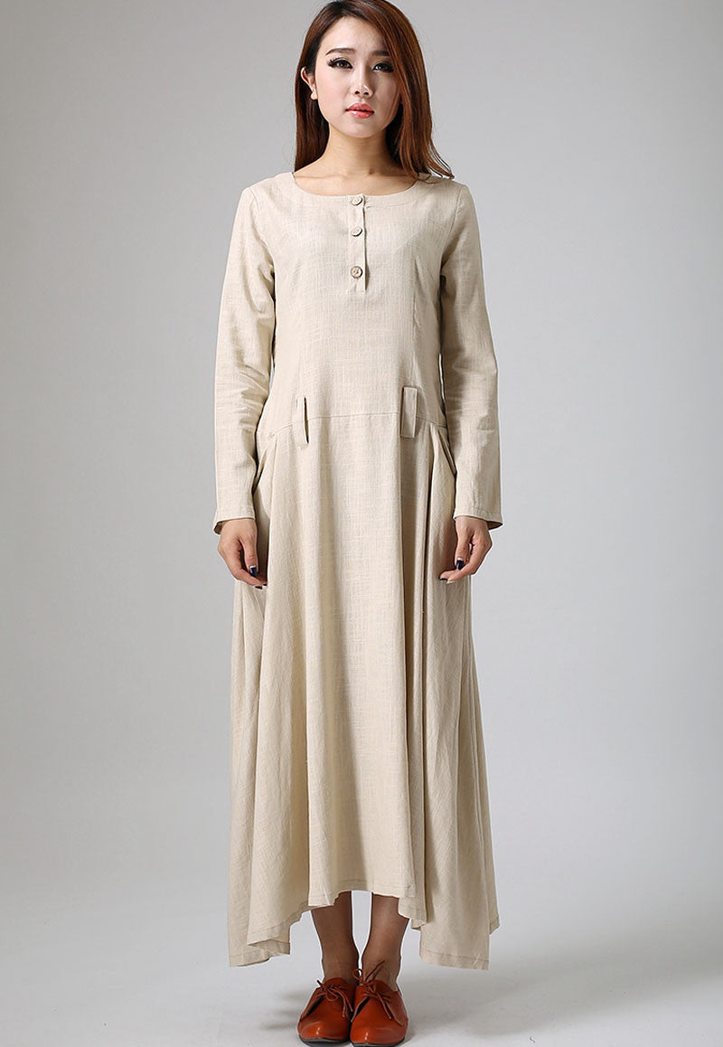 Two large pockets dress cream linen dress maxi dress long dress (889) Two large pockets dress cream linen dress maxi dress long dress (889)