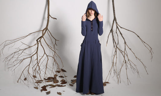 Blue hooded linen maxi dress for women 1140#