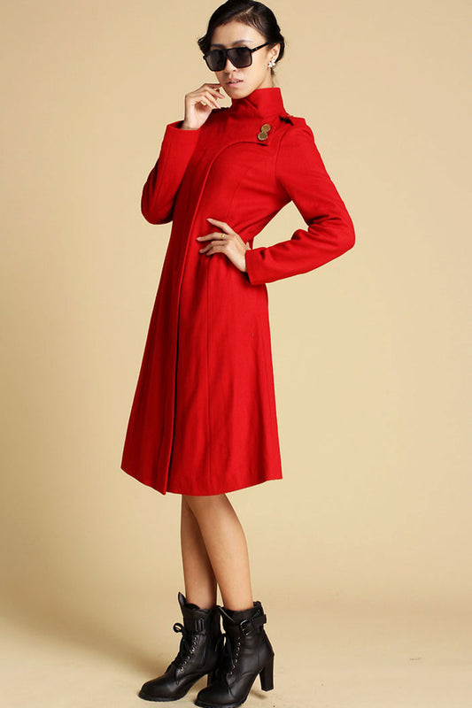 Vintage Wool Coat for Women – Handmade Red Military Style Midi Winter Coat with Sculpted Collar | Xiaolizi 0343