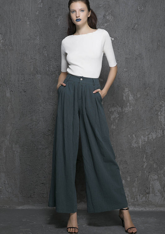 Green Linen Cotton Palazzo Pants - Wide Leg Ankle | Xiaolizi 1338