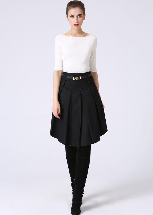 Knee-Length Asymmetrical wool pleated Skirt 1068#