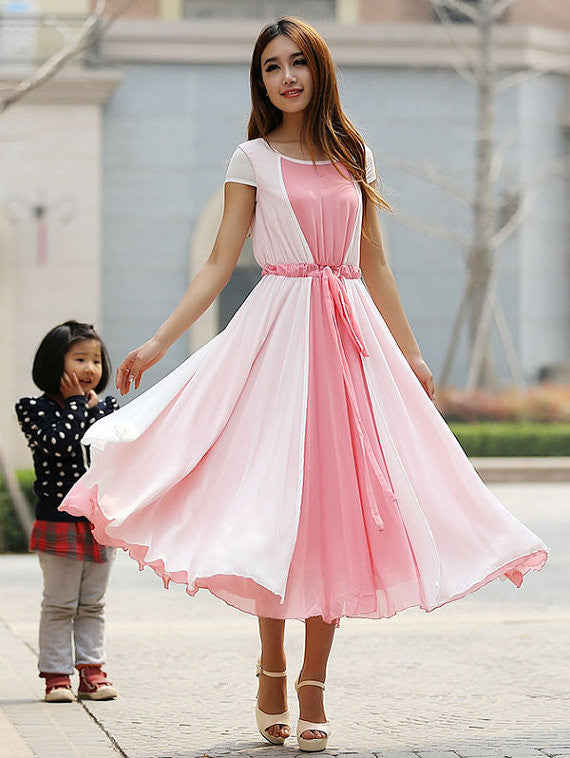 Pink chiffon dress maxi dress prom dress wedding dress (925