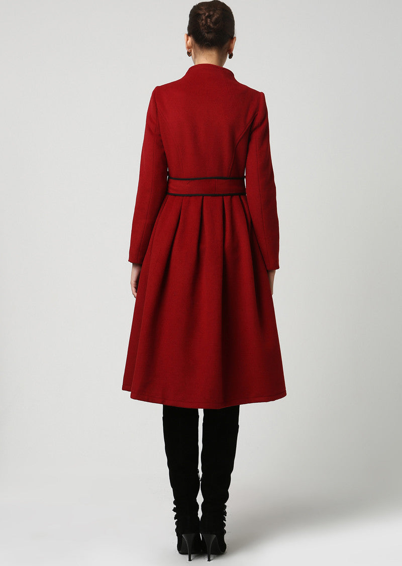 Red Wool Midi Coat – Belted Collarless Coat with Tulip Skirt Detail 1111