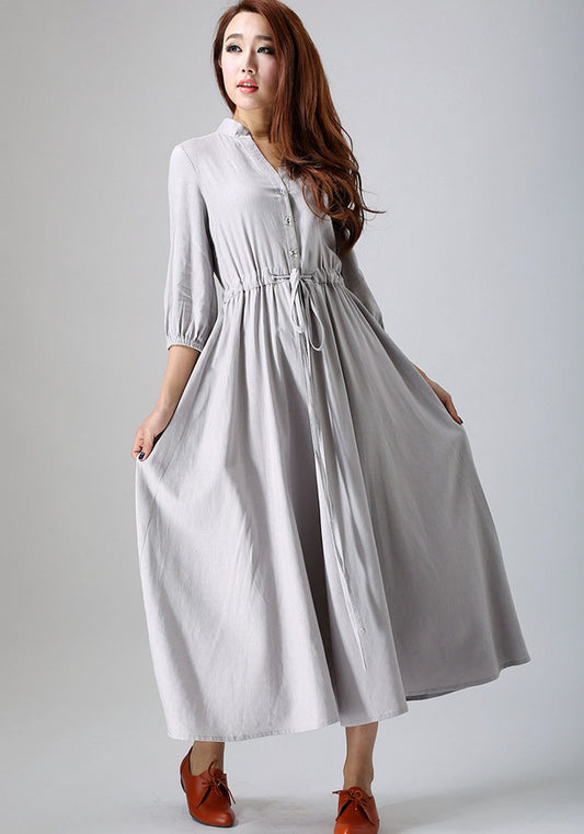 Gray Cotton-Linen Maxi Shirt Dress with Buttons and Pockets | Xiaolizi 0785