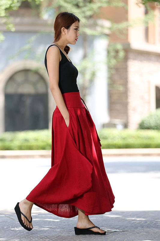 Red Linen Cotton Wrap Maxi Skirt – Handmade High Waist Summer Skirt 1025