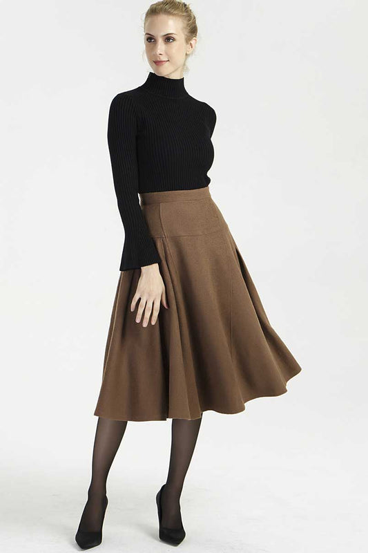 Brown Wool Midi Skirt - Pleated High Waist Flattering Fit 2005