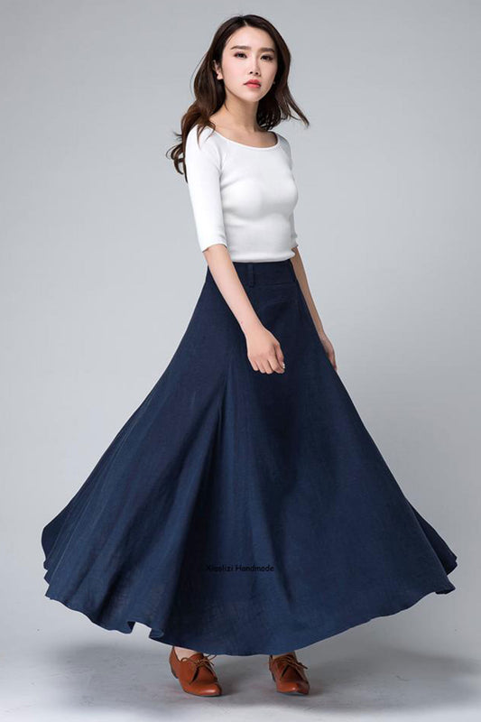 Navy Linen A-Line Maxi Skirt - Flowy High-Waisted Silhouette 1497