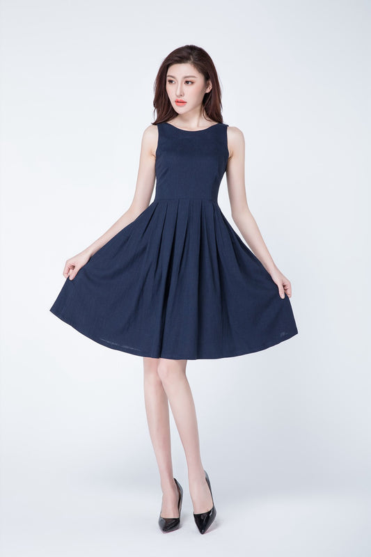 Navy Cotton-Linen A-Line Dress - Sleeveless Pleated Skirt 1723