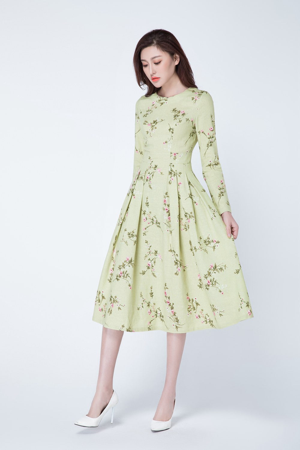 long sleeves floral romantic linen dress 1737 Xiaolizi long sleeves floral romantic linen dress 1737 Xiaolizi