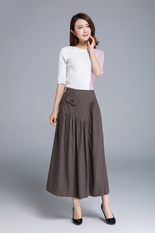 High Waist Linen Maxi Skirt – Elastic Back A-Line Skirt with Side Pockets 1660