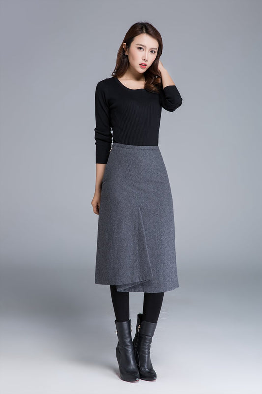 Gray Wool Blend Pencil Skirt – Handmade Fitted Midi for Women | Xiaolizi 1680