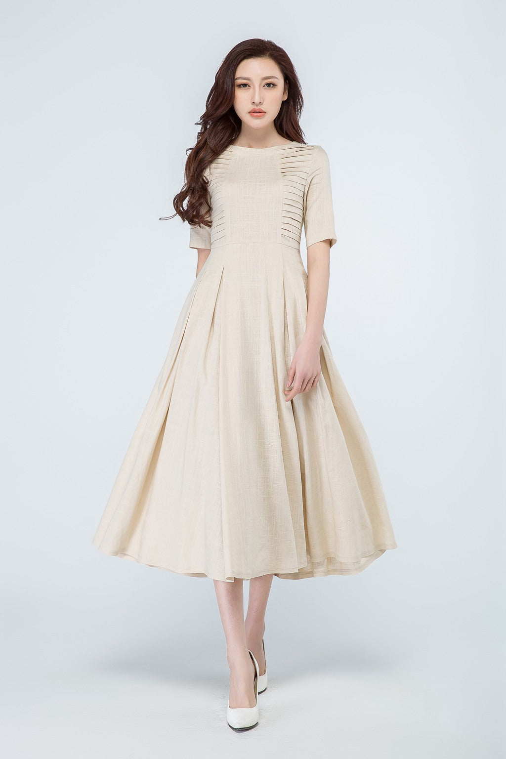 Beige Linen Midi Dress with Pleated Scoop Neck and Defined Waist Beige Linen Midi Dress with Pleated Scoop Neck and Defined Waist