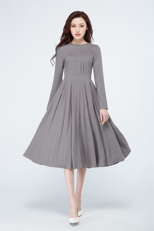 Handmade Gray Pleated Midi Dress – Long Sleeve Linen Cotton A-Line Dress | Xiaolizi 1696