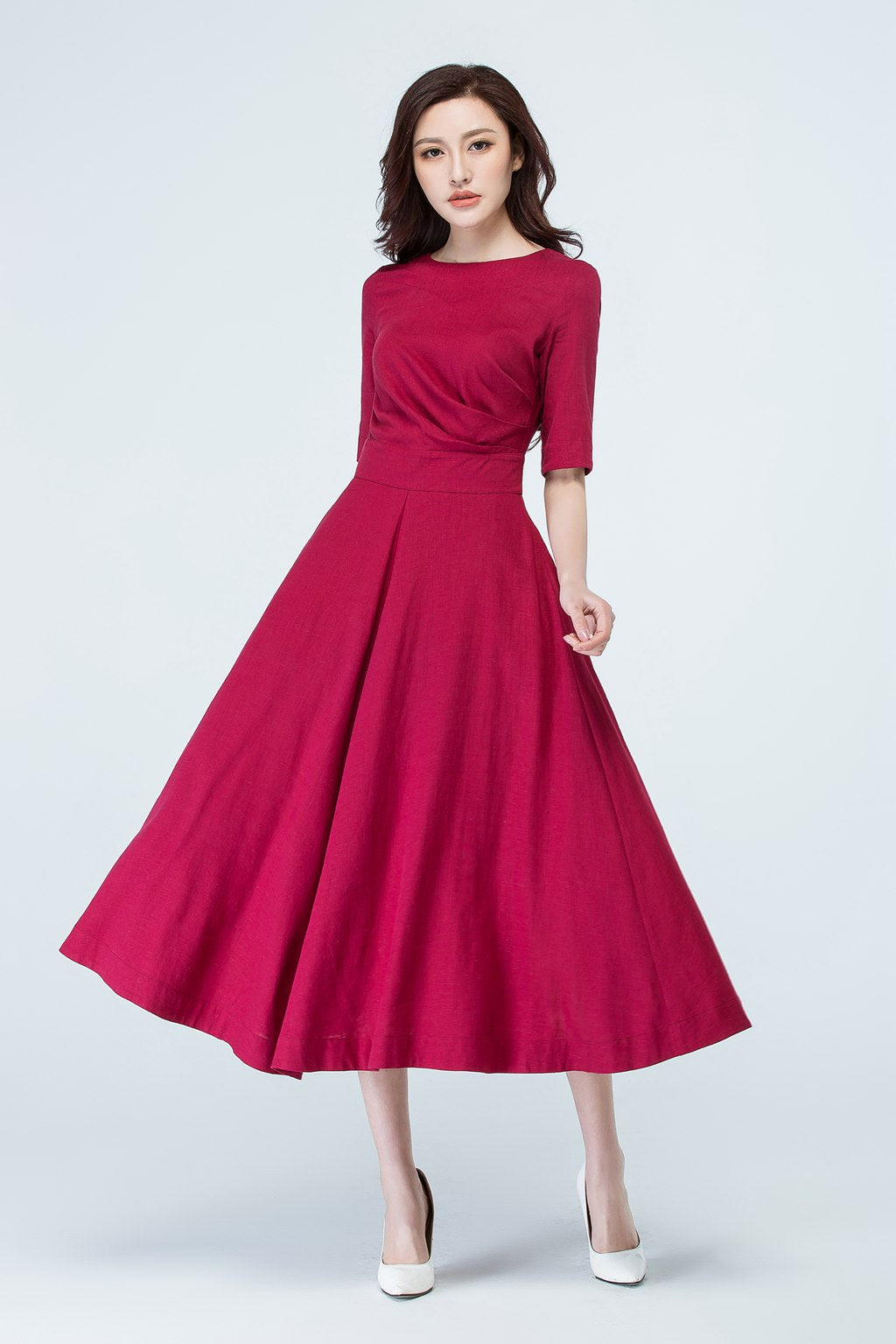 wine red party linen dress summer 1705 wine red party linen dress summer 1705