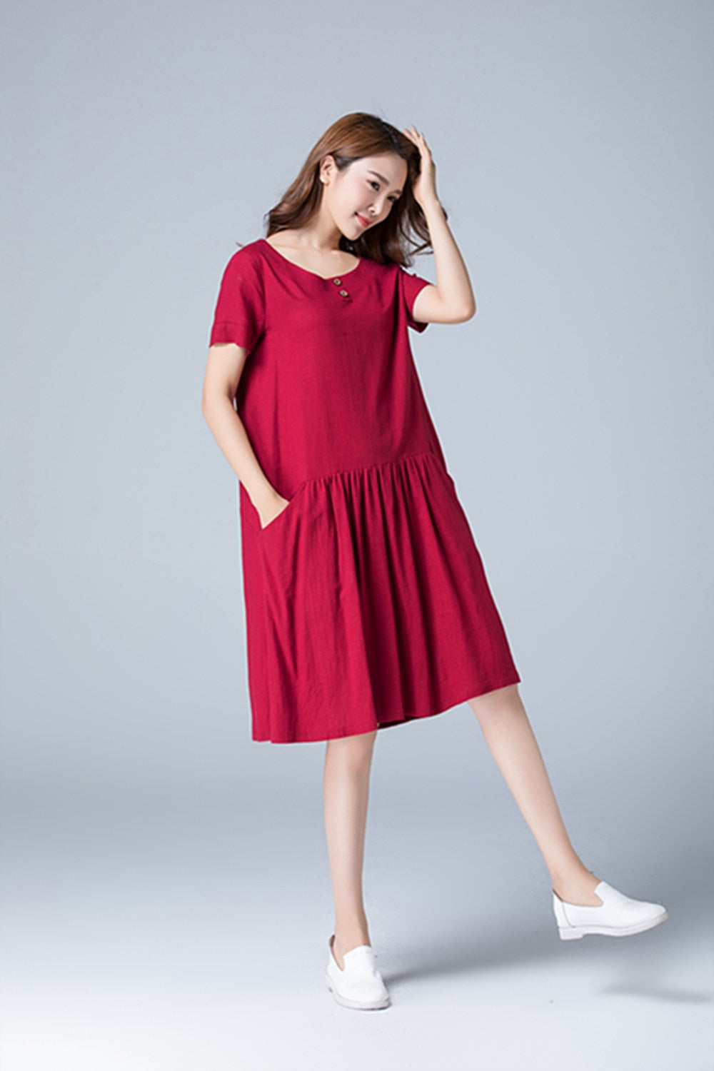 summer red tunic linen dress with pockets 1784 Xiaolizi summer red tunic linen dress with pockets 1784 Xiaolizi