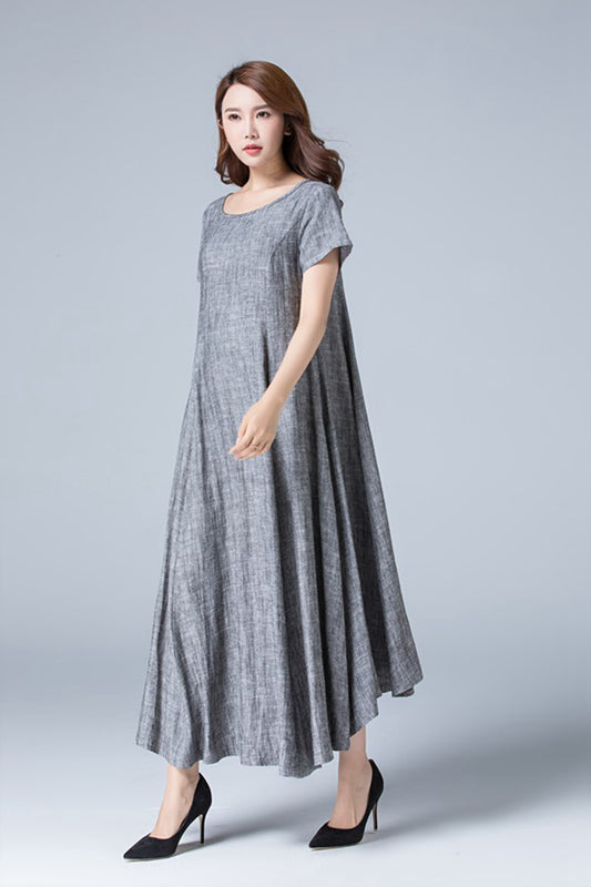 Gray Linen Maxi Dress - High Waist Pleated Flowy Skirt 1776