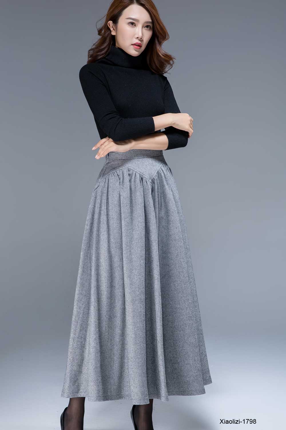 Gray Wool Maxi Skirt – High Waist 1950s Inspired Flared Winter Skirt 1798