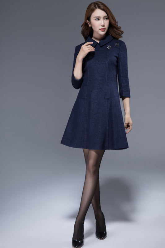 Handmade Wool Blend Dress – Elegant Navy Blue Short Dress with 3/4 Sleeves 1815