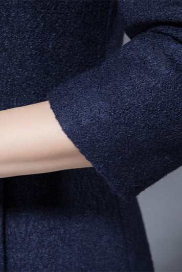 Handmade Wool Blend Dress – Elegant Navy Blue Short Dress with 3/4 Sleeves 1815