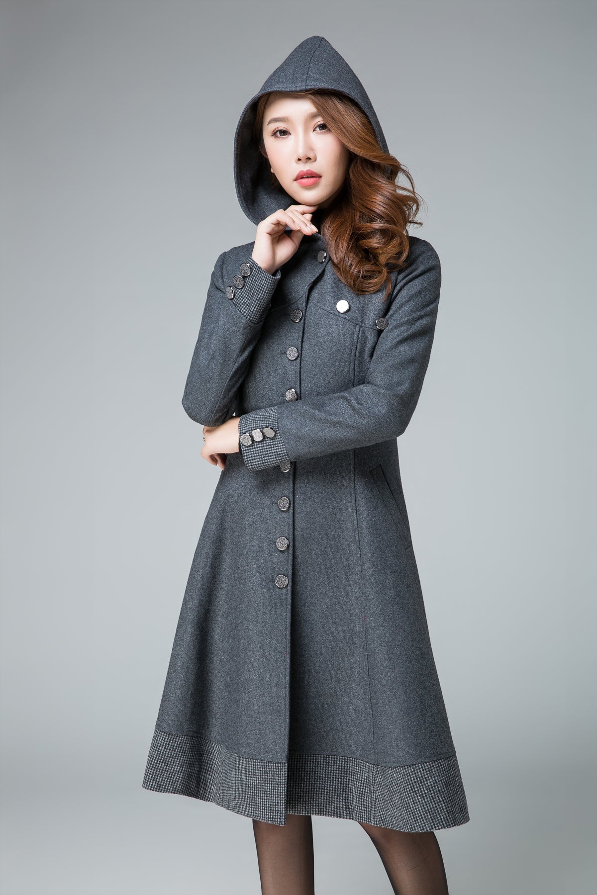 Dark Gray Wool Coat – Handmade Hooded A-line Winter Coat with Plaid Trim | Xiaolizi 1843