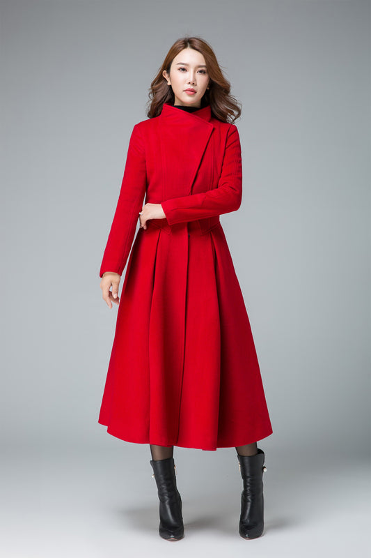Elegant red wool blend coat featuring asym front and side pockets