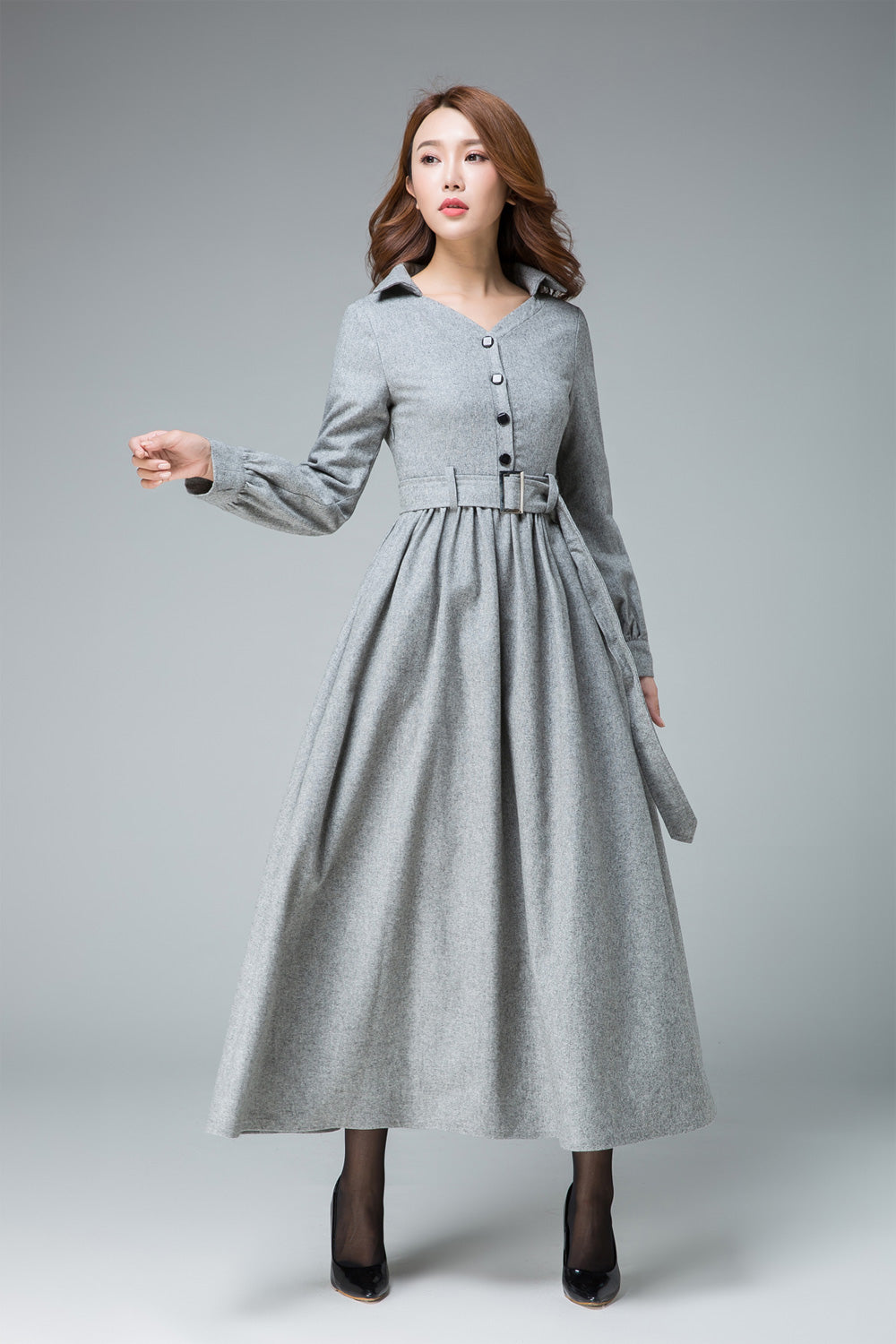Handmade Light Gray Wool Dress Coat Elegant Belted Winter Midi Dress | Xiaolizi Light Grey / M Handmade Light Gray Wool Dress Coat Elegant Belted Winter Midi Dress | Xiaolizi Light Grey / M