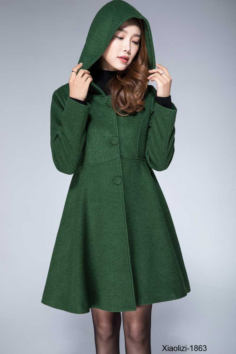 Green Wool Coat Handmade Hooded Fit-And-Flare Winter | Xiaolizi 1863,Green,M, Handmade by Xiaolizi Green Wool Coat Handmade Hooded Fit-And-Flare Winter | Xiaolizi 1863,Green,M, Handmade by Xiaolizi