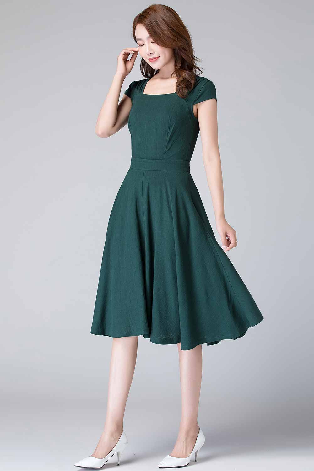 retro green linen midi swing dress 1904# retro green linen midi swing dress 1904#