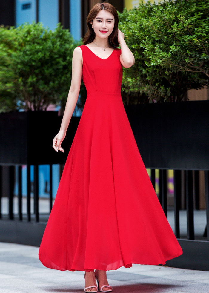 V neck retro high waist flare chiffon long dress 2632 Xiaolizi V neck retro high waist flare chiffon long dress 2632 Xiaolizi