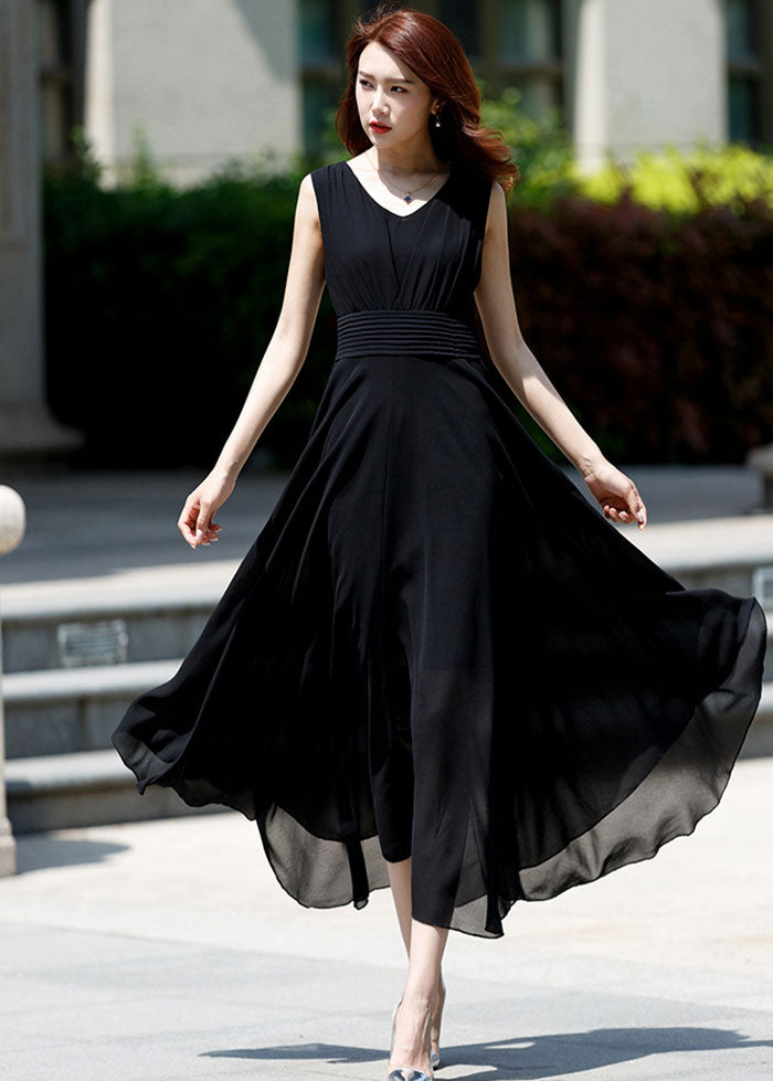 Feminine White Sleeveless Maxi Dress – High Waist Chiffon Flare – 263402