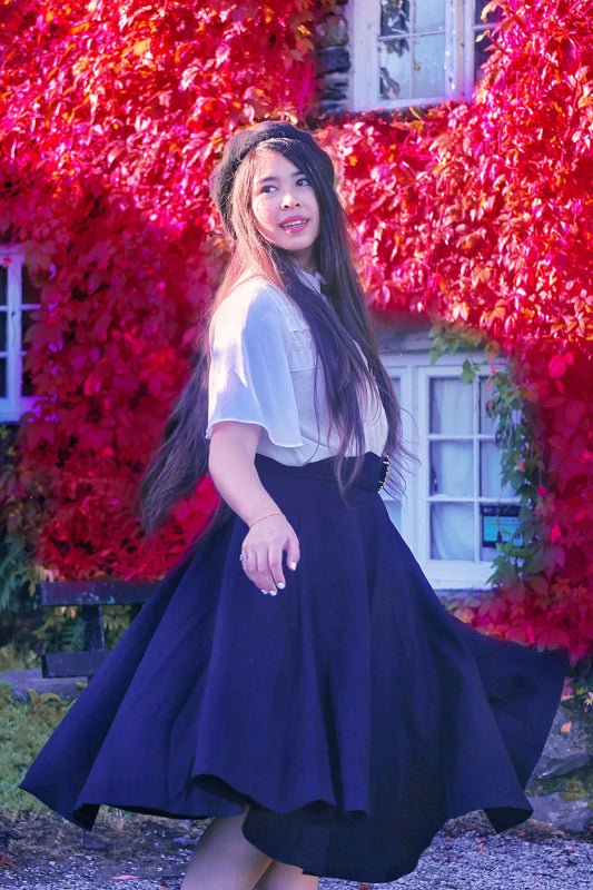Black Wool Knee Length Circle Skirt - High Waist Vintage Flair 3156