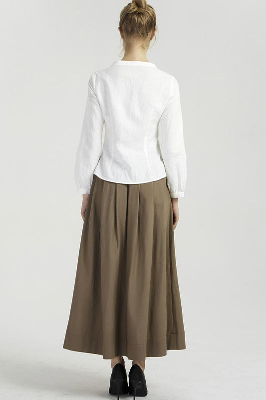 Brown Linen Maxi Skirt - Pleated Fit and Flare Silhouette 2033