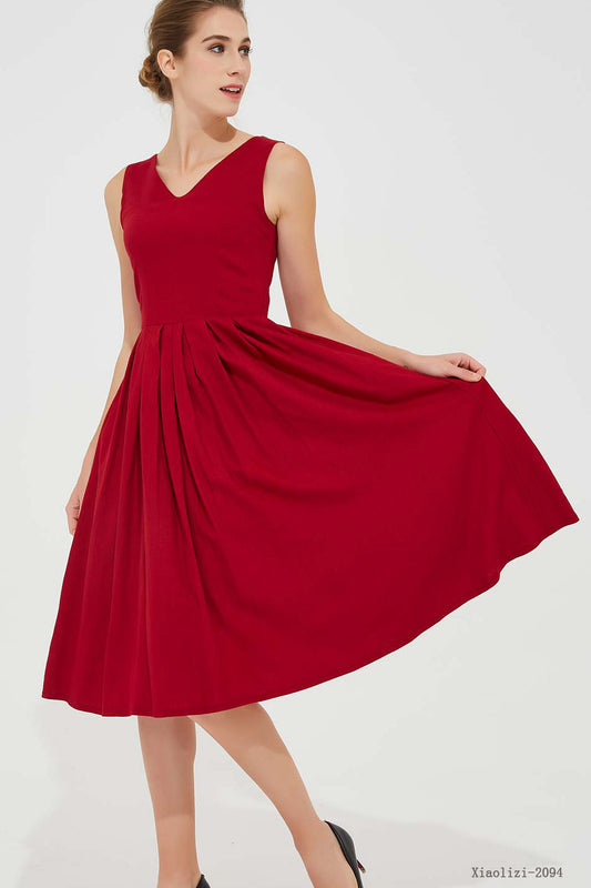 Sleeveless Linen Dress – Red Fit & Flare Midi Dress with V Neck 2094