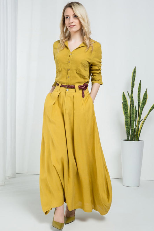 Yellow Linen Cotton Maxi Skirt – Flowy Asymmetrical Handmade Skirt | Xiaolizi 2157