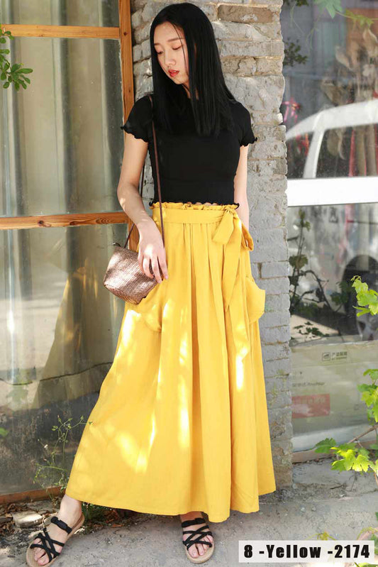 Yellow Linen Cotton Maxi Skirt - Elastic Waist Draped Pockets | Xiaolizi 2167