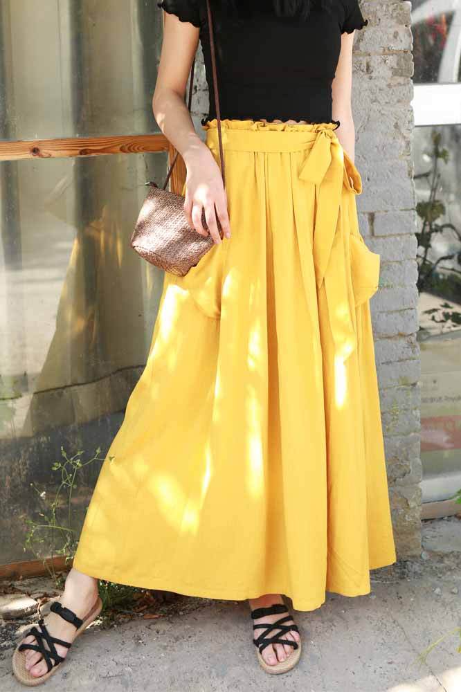 Orange Linen Maxi Skirt - Oversized Pocket and Elastic Waist 958