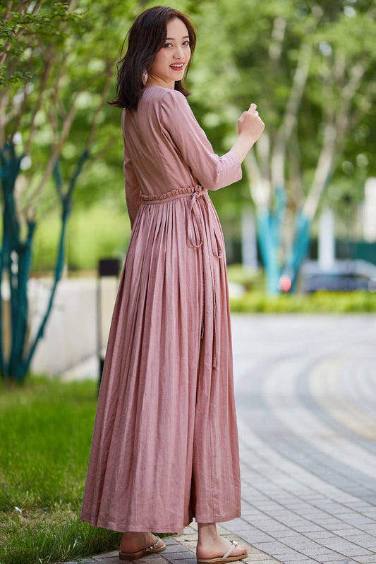Pink Cotton Linen Maxi Dress - Fit and Flare with Ruffle Waist 2185