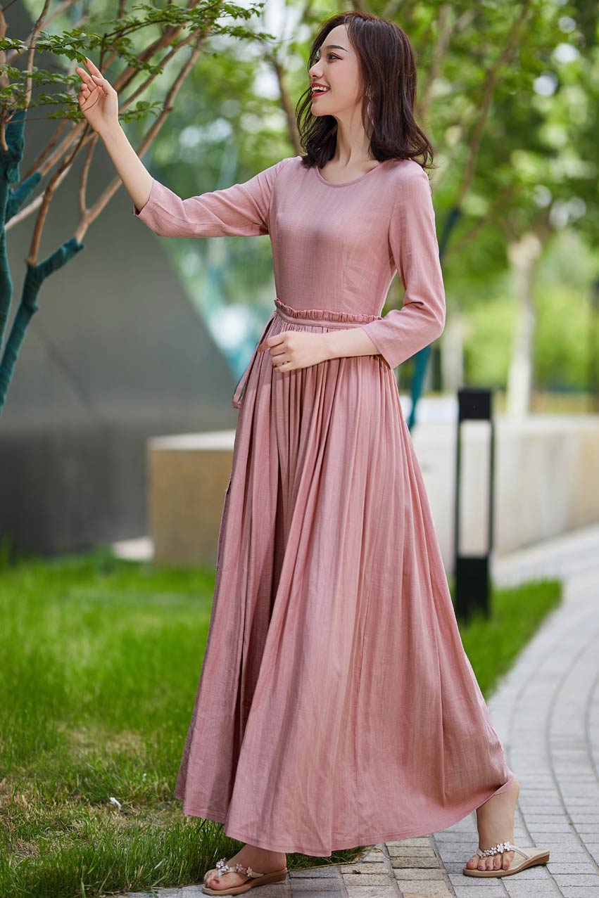 Pink Cotton Linen Maxi Dress with Flattering Fit and Flare Silhouette – Xiaolizi