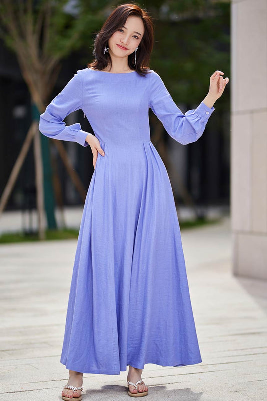 Lavender Purple Linen Cotton Maxi Dress – Vintage Boat Neck Long Sleeve Dress 2188
