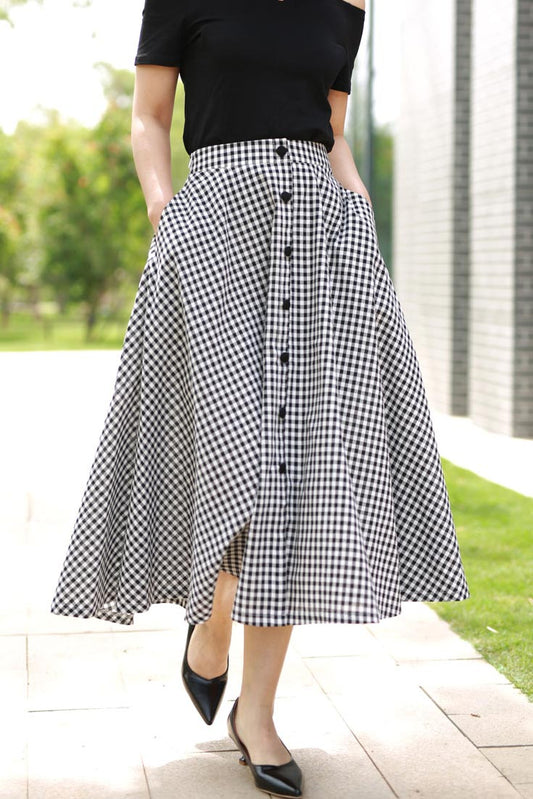 Black & White Plaid Midi Skirt - Button Front, Fitted Waist 2195
