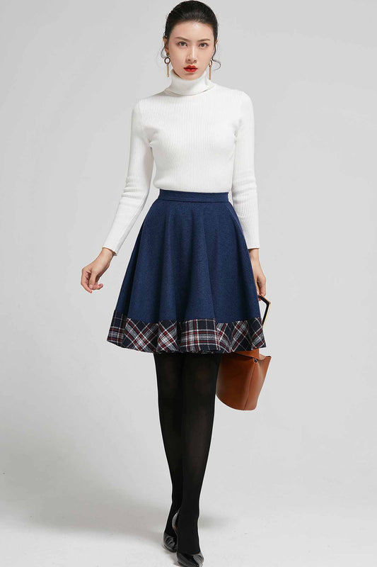 Handmade Patchwork Wool Mini Skirt – Navy Plaid High Waist Skater | Xiaolizi 2304