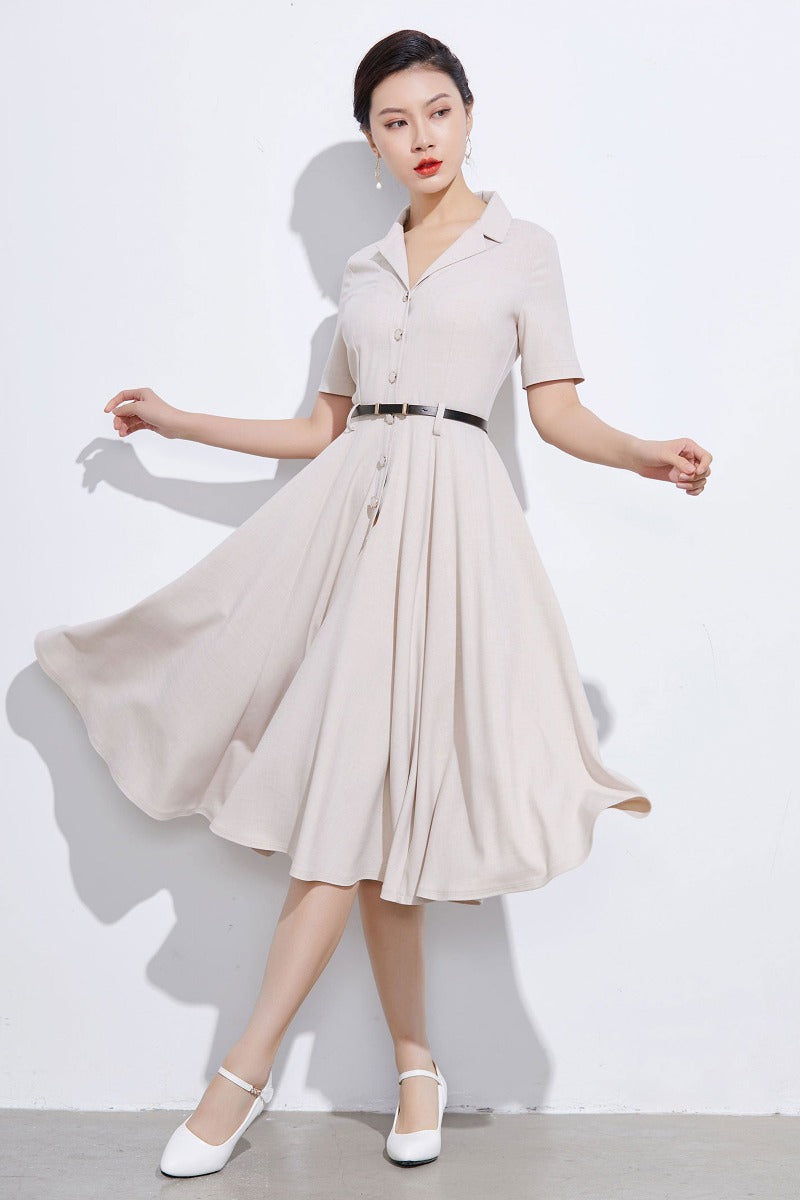 Vintage Beige Shirt Dress Elegant Midi with Belt | Xiaolizi Beige / L Vintage Beige Shirt Dress Elegant Midi with Belt | Xiaolizi Beige / L