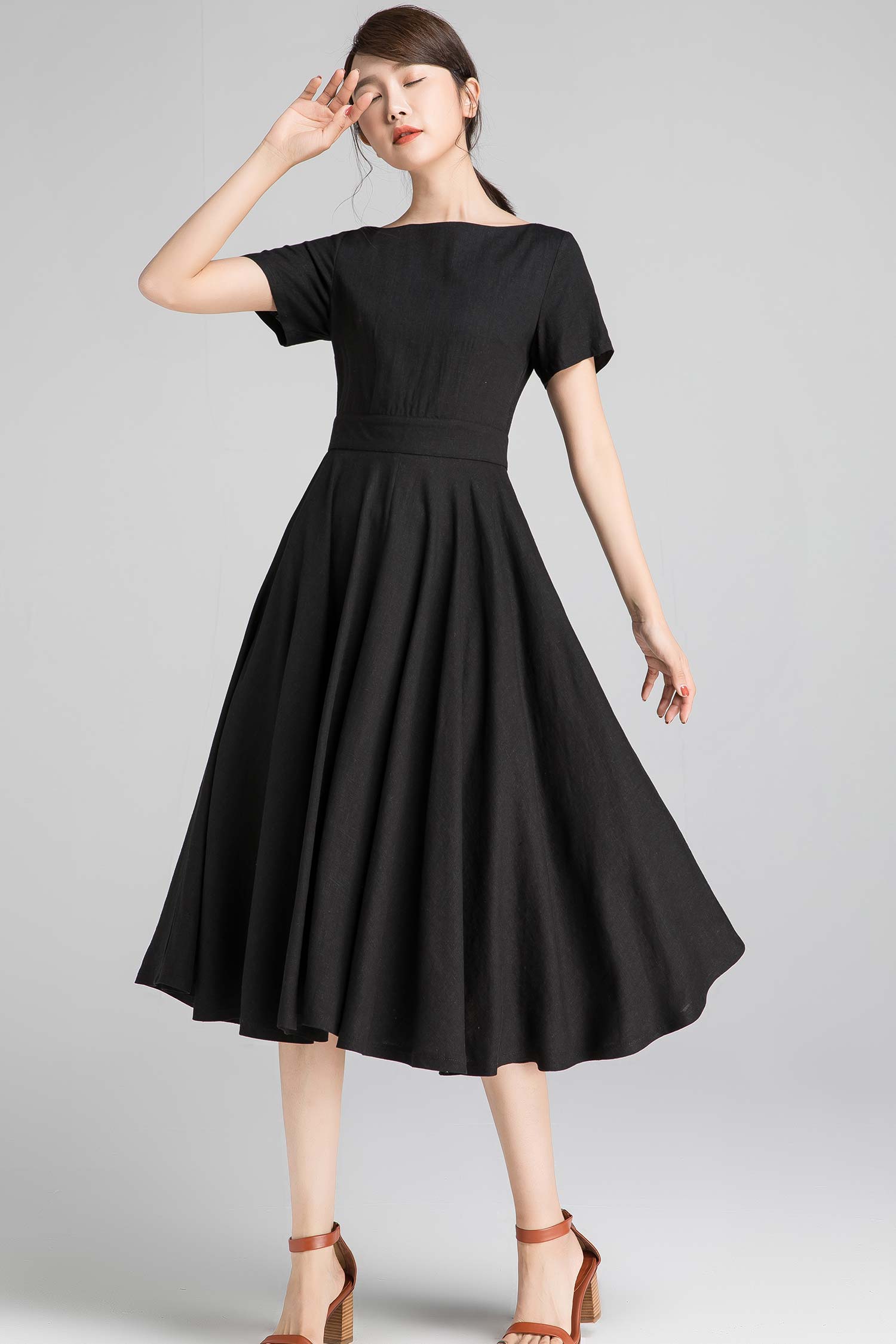 Black Linen Cotton Fit and Flare Midi Dress with Pockets | Xiaolizi Black Linen Cotton Fit and Flare Midi Dress with Pockets | Xiaolizi